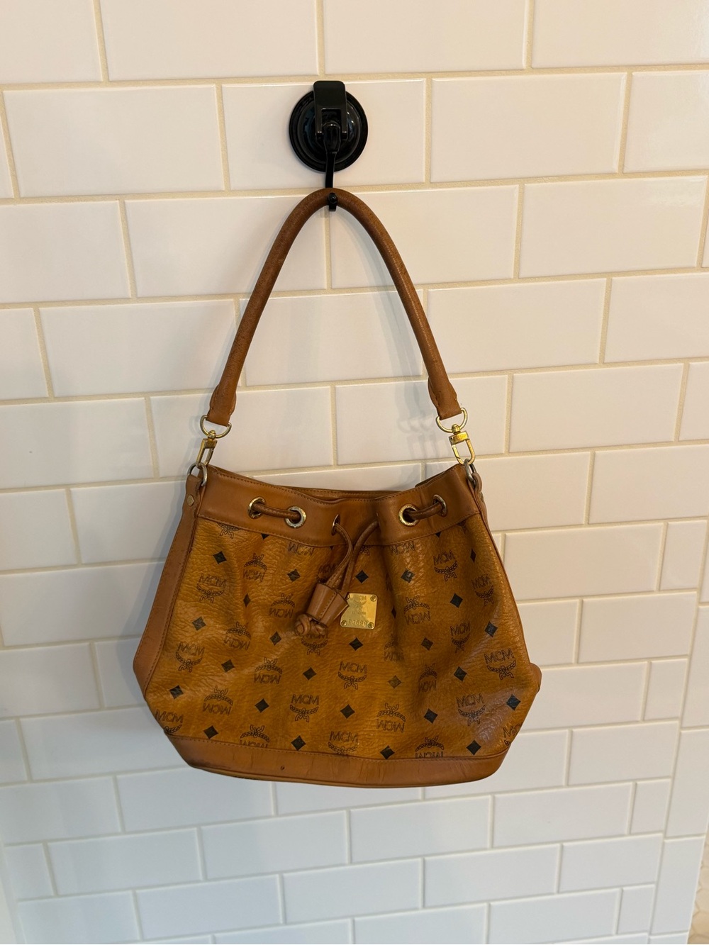 MCM Cognac Visetos Logo Drawstring Shoulder Bag